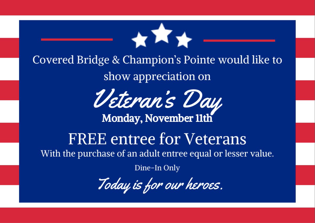Tomorrow, on Veterans’s Day, we honor those who are serving and who have served in our military.

Enjoy an entree on us when you show your military ID. 

Thank you for serving our country!