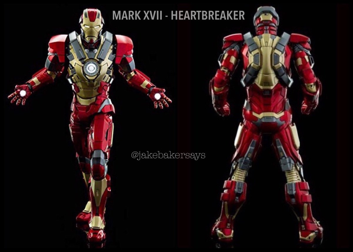 MARK XVII - Heartbreaker- Artillery Level RT Suit - heavily reinforced armor that features an oversized RT resulting in increased power, a greatly enhanced the Unibeam and allowed the user to create a Repulsor Shield- superior durability due to Vibranium & titanium plating