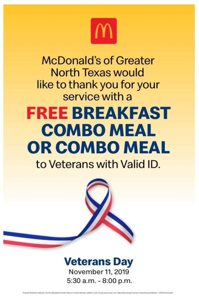 JSPManagement's tweet photo. Join us 5:30 am- 8:00 pm on #veteransday at one of our 23 locations in.... #Frisco #Celina #PilotPoint #Crossroads #Carrollton #Richardson #Dallas #Plano #Prosper #Sanger #Denton #mcdonalds #northtexas #jspmanagement

https://t.co/BblEbNvwgy https://t.co/IOQ7z6Vn8d