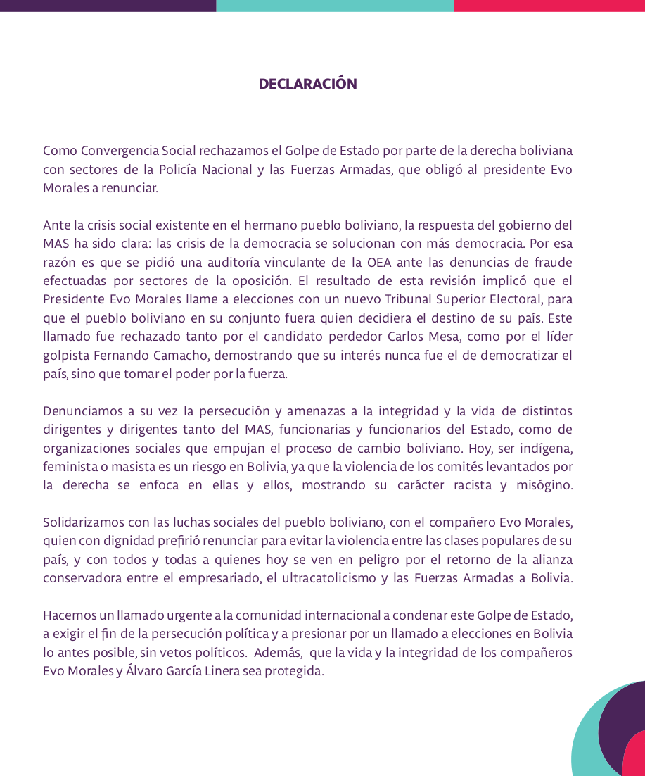CS_BioBio's tweet image. [DECLARACIÓN PUBLICA]
La Dirección Nacional de Convergencia Social condena de modo tajante el Golpe de Estado en Bolivia contra el gobierno de Evo Morales Ayma y los ataques de la derecha ultra reaccionaria y racista contra indígenas, feministas y militantes de izquierda.