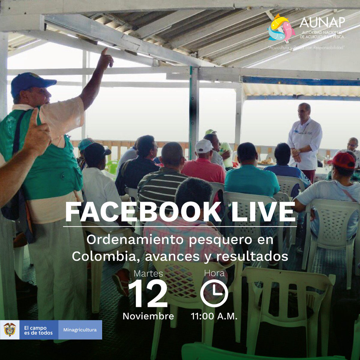 DirectorAunap's tweet photo. Los invitamos a nuestro Facebook Live el próximo martes 12 de noviembre. En este #HableConElDirector, trataremos el ordenamiento pesquero en Colombia, sus avances y resultados. Los esperamos. https://t.co/0gw5TSYjYv https://t.co/IWPVvpSLhS