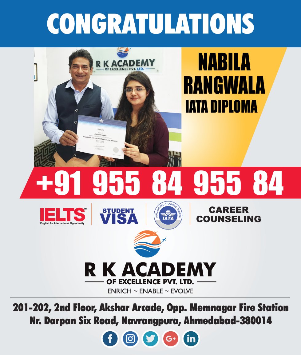 rkacademy_net's tweet photo. Congratulations Nabila Rangwala for Graduating #IATA Diploma ! R K Academy Wishes You All The Best For Your Future !
#RKAcademy #RKAcademyAhmedabad #flyforeign #diploma #Studyabroad https://t.co/88ynXp2kQm