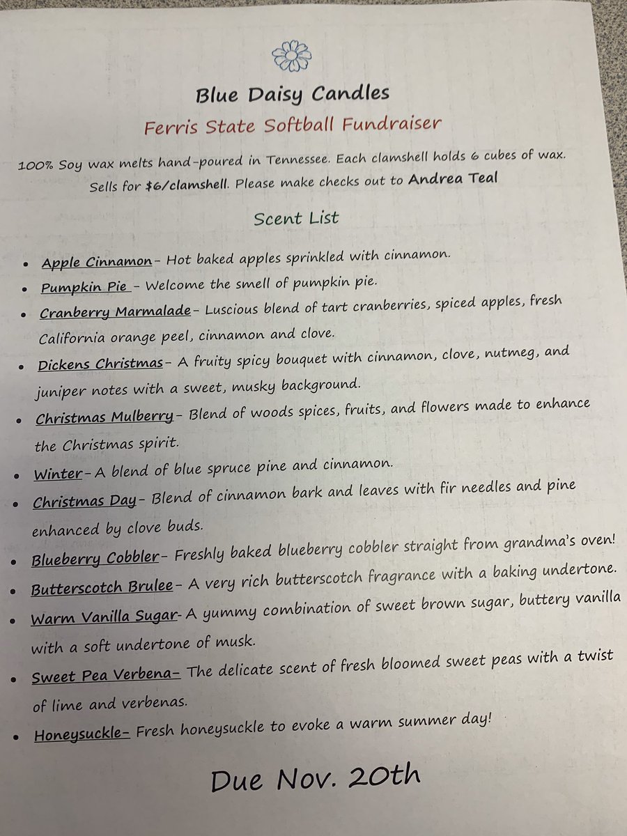 Hello all! My softball girls @ Ferris R selling wax melts 2 fund 4 R spring trip 2 FL! If U R interested in these wonderful hand pour melts, please let me know! If U have a wax warmer U will fall in love w/ these! They R $6 for a pack of 6 &amp; we earn $5 of the $6 for our program!