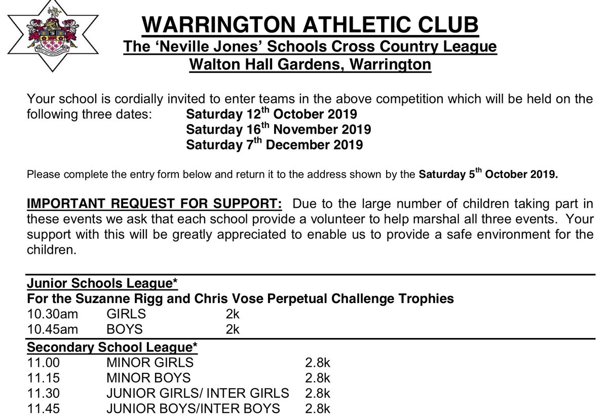 WarringtonAC's tweet photo. The second round of the Neville Jones Warrington Schools Cross Country League takes place on Saturday 16th November 🏃🏽🏃🏽🍂🍁🌿 First race starts at 10:30am at Walton Gardens. See you all there https://t.co/M8HKgC2Arz