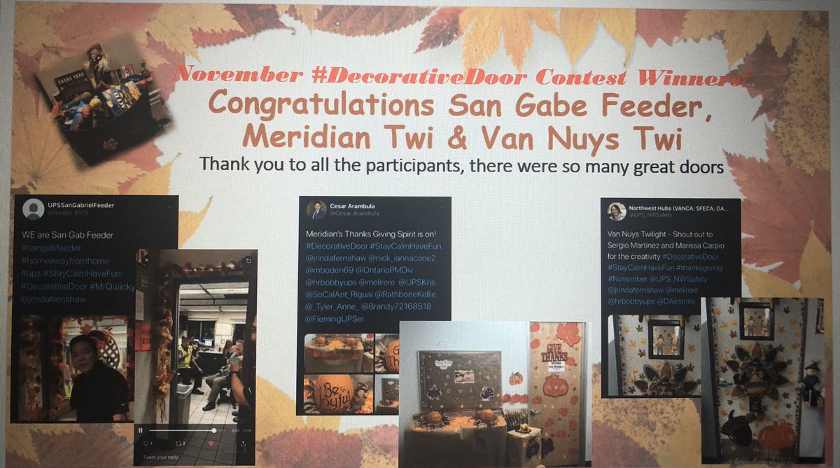 Melinda Herrera (@melirere) on Twitter photo November #DecorativeDoor Contest Winners, Congratulations San Gabe Feeder, Meridian Twi & Van Nuys Twi!🥳👏🏼<a href="/jrindafernshaw/">Fern Shaw</a> <a href="/SGACAFeeder/">San Gabriel Feeder</a> <a href="/Cesar_Arambula_/">Cesar Arambula</a> <a href="/UPSKris/">Kris Wilson</a> <a href="/DAirstrike/">DavidAstrike</a> @UPS_NWSafety <a href="/hrbobbyups/">Bobby Esquivel</a> <a href="/jt_ups/">Jose Torres</a> <a href="/DEncaladeUPS/">Don Encalade</a> <a href="/RobertLJordanB1/">Bob Jordan</a> @OntarioPMDiv @nick_iannacone2 November #DecorativeDoor Contest Winners, Congratulations San Gabe Feeder, Meridian Twi & Van Nuys Twi!🥳👏🏼<a href="/jrindafernshaw/">Fern Shaw</a> <a href="/SGACAFeeder/">San Gabriel Feeder</a> <a href="/Cesar_Arambula_/">Cesar Arambula</a> <a href="/UPSKris/">Kris Wilson</a> <a href="/DAirstrike/">DavidAstrike</a> @UPS_NWSafety <a href="/hrbobbyups/">Bobby Esquivel</a> <a href="/jt_ups/">Jose Torres</a> <a href="/DEncaladeUPS/">Don Encalade</a> <a href="/RobertLJordanB1/">Bob Jordan</a> @OntarioPMDiv @nick_iannacone2