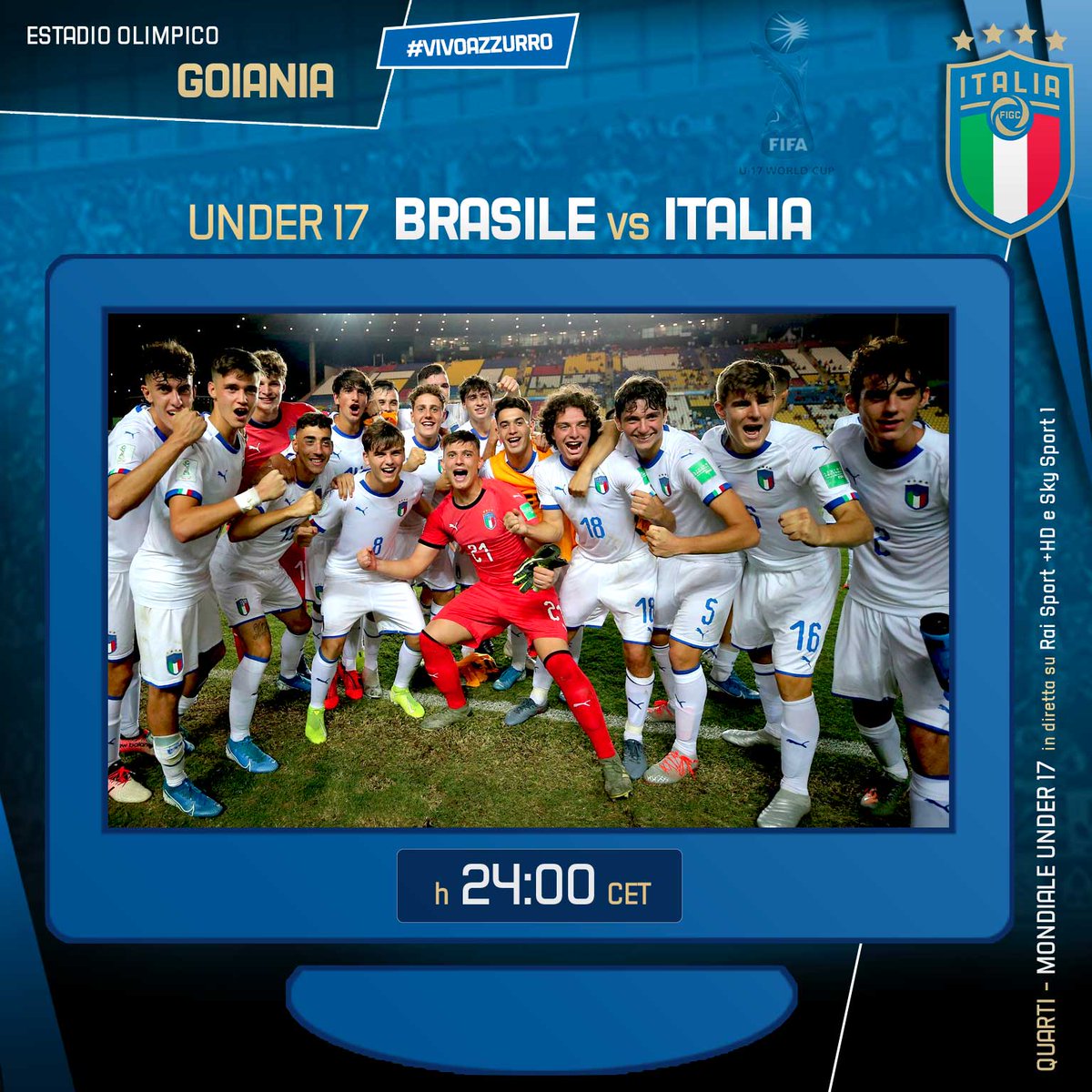 🏆#U17WC 🌎 Quarti di finale
🇧🇷 #BrasileItalia 🇮🇹
⏱️ Oggi, ore 2️⃣4️⃣:0️⃣0️⃣
🏟️ #EstadioOlimpico - #Goiania
📺 Diretta TV #RaiSport +HD e #SkySport 1

#Under17 #Azzurrini #BraIta #VivoAzzurro