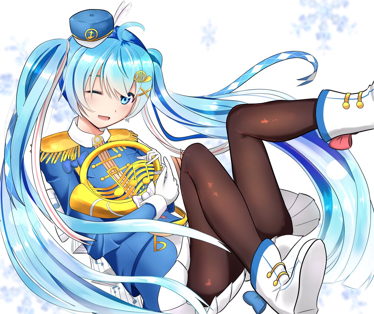 hatsune miku ,yuki miku 1girl long hair one eye closed band uniform instrument pantyhose hair ornament  illustration images