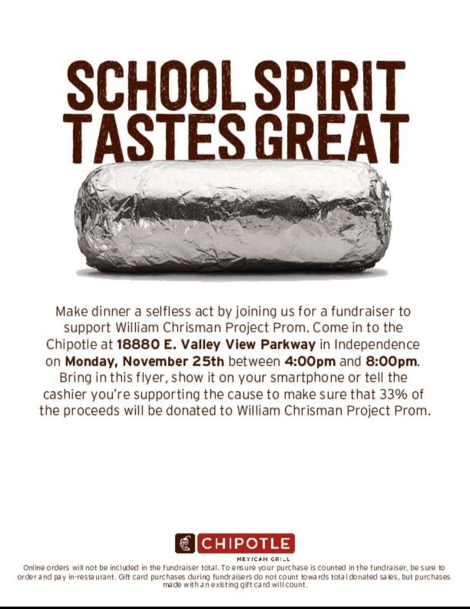 Please help support the Chrisman Project Prom Chipotle Fundraiser!  Make sure to show this flyer at check-out counter.