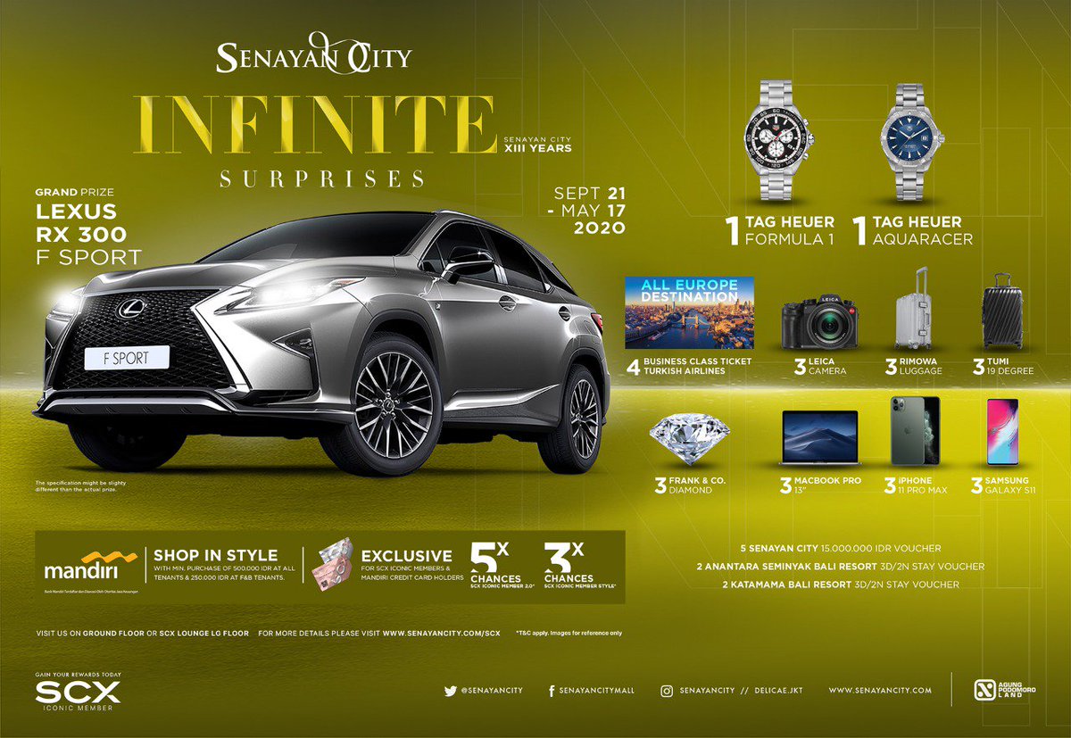 tatlerindonesia's tweet image. Shop in style and win Grand Prize SENAYAN CITY INFINITE SURPRISES 2019/20 with min.purchase IDR500k at all tenants &amp;amp; IDR250k for F&amp;amp;B in single receipt until 17 May 2020. Further info at @SenayanCity SCX Lounge or Customer Service.
#SCXMember #SCInfiniteSurprises #SENAYANCITY