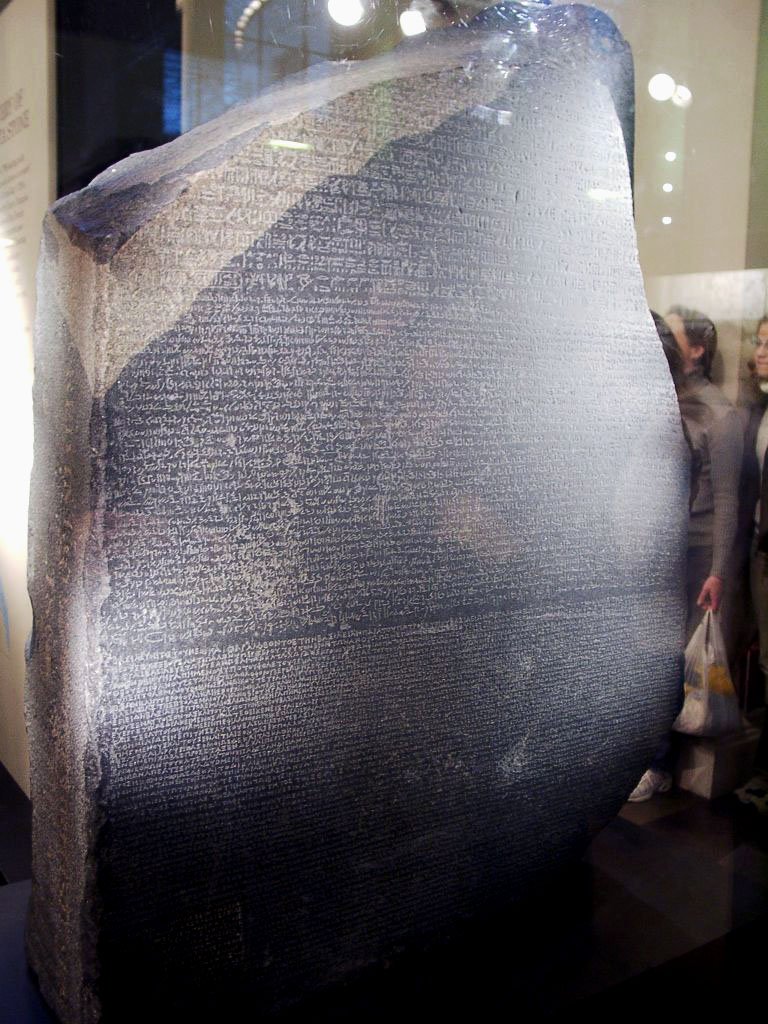 The Rosetta Stone served as an invaluable aid to the translation of both hieroglyphic and demotic writing since the same text appeared on the stone in both forms and with a version in Greek, which provided the key to translating the first two.