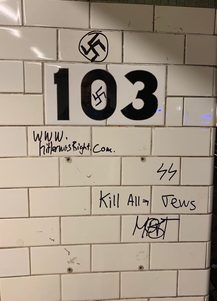 RabbiPoupko's tweet photo. #Hatecrimes against #Jews on the #NYC #Subway up 160%

Today on the #UWS, 103rd St. a #Swastika and #Nazi symbols. (1 train near the front of the platform, northbound side).

I have experienced this personally, as have others. The silence from bystanders is often deafening. https://t.co/CmqpjmS6MS