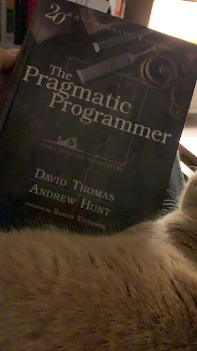 frededison's tweet image. Trying to read the 20th Anniversary Edition of #ThePragmaticProgrammer. Cat thinks otherwise. #DontCatAndCode