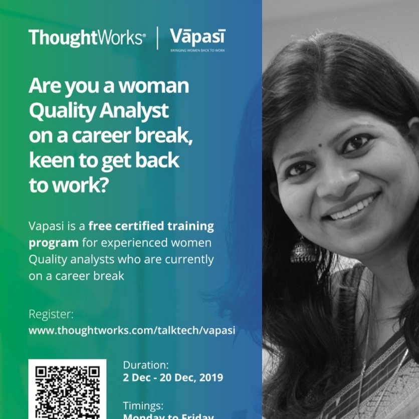 We're happy to bring to you #Vapasi our free certified 4 week tech training prgm for Quality Analysts in Hyderabad this December! Please share the word.#TalkTechToHer #WomenInTech  thght.works/2WWgb4I <a href="/dubinskysoares/">dubinskysoares</a> <a href="/Sasi316/">Alainladyboy</a> <a href="/gunjanshukla/">Gunjan Shukla</a> #womenintech #diversity #inclusion