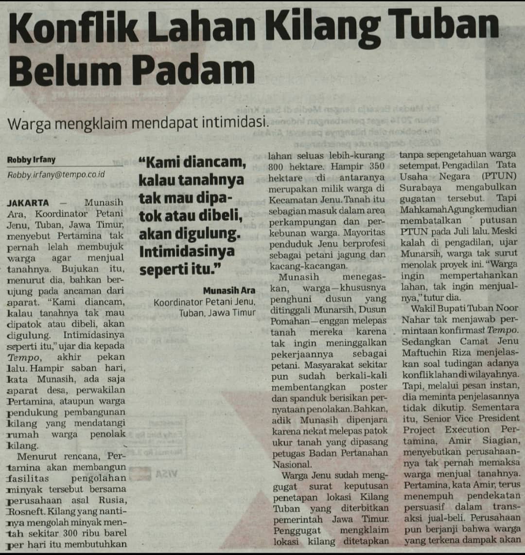 "Kami diancam, kalau tanahnya tak mau dipatok atau dibeli, akan digulung. Intimidasinya seperti itu," Manasih Arah, Kordinator Petani Jenu, Tuban, Jawa Timur dalam Koran Tempo, Senin, 11 November 2019.#tubandaruratagraria
#tolakkilangminyaktuban
<a href="/walhinasional/">WALHI</a> <a href="/SeknasKPA/">#TanahUntukRakyat</a>