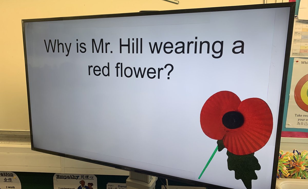 AdamHillEDU's tweet photo. "Mr. Hill is wearing a poppy because it is a symbol of remembrance and shows respect for those who have died in conflicts." Great final answer from our #SOLE session today! Lots of important concepts in there. #VSAHKG #SOLECentral #TEDSOLE @schoolincloud @Sugatam https://t.co/d8Ds6Y1ZYI