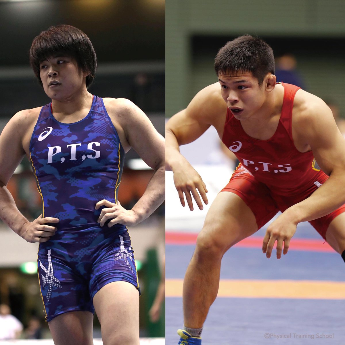 レスリングで着用しているシングレット。 選手たちはそれぞれ赤または