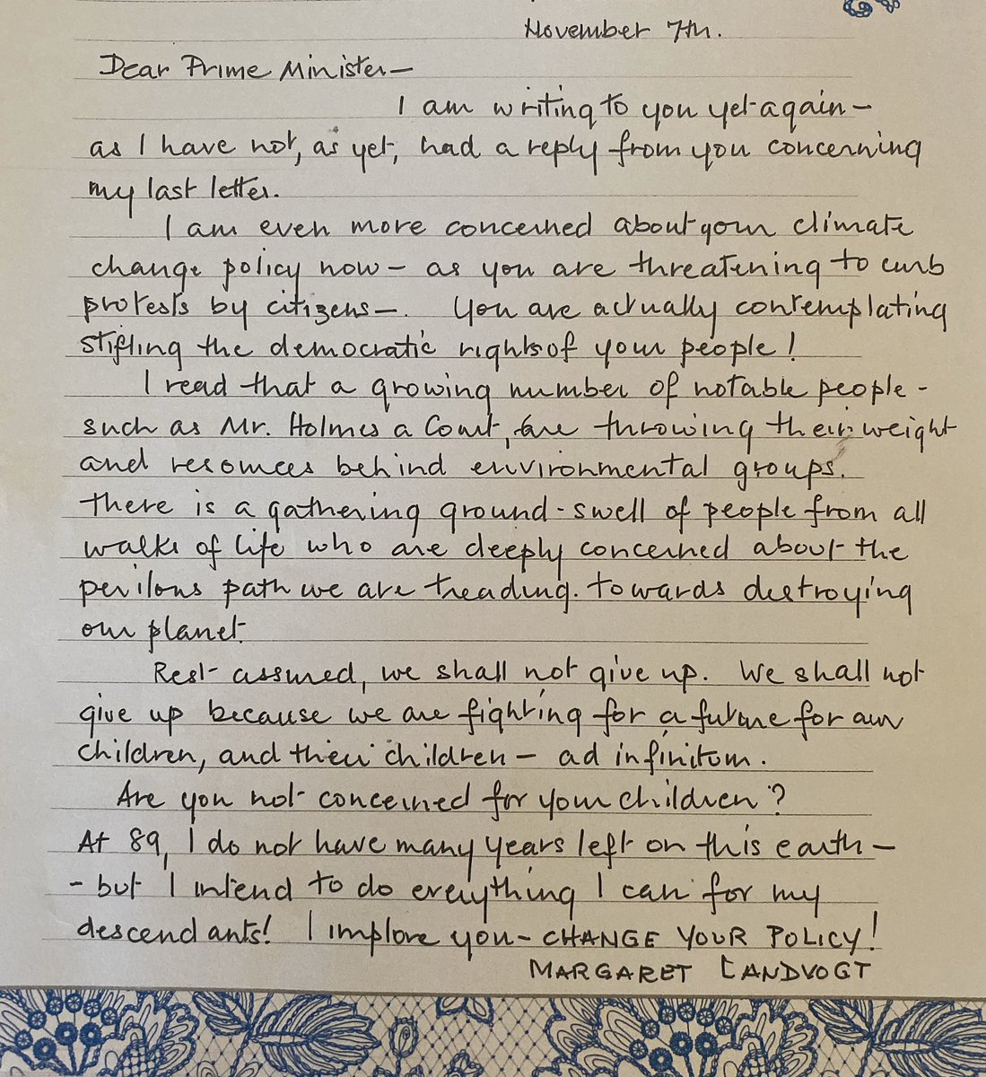 Zoë Condliffe (@zoe285) on Twitter photo My nana sent an angry letter today to <a href="/ScottMorrisonMP/">Not ScoMo</a>. She’s outraged about the lack of action on CC & has been pushing for climate action since the 70s. I was just explaining twitter to her - can someone retweet this so I can show her how far her letter can go? My nana sent an angry letter today to <a href="/ScottMorrisonMP/">Not ScoMo</a>. She’s outraged about the lack of action on CC & has been pushing for climate action since the 70s. I was just explaining twitter to her - can someone retweet this so I can show her how far her letter can go?