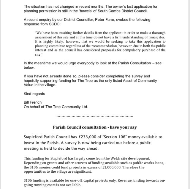 Update and the link to survey. Section 106 money could be spent wisely to support The Tree, and the community hub could serve the whole community. surveymonkey.co.uk/r/T2B36M6