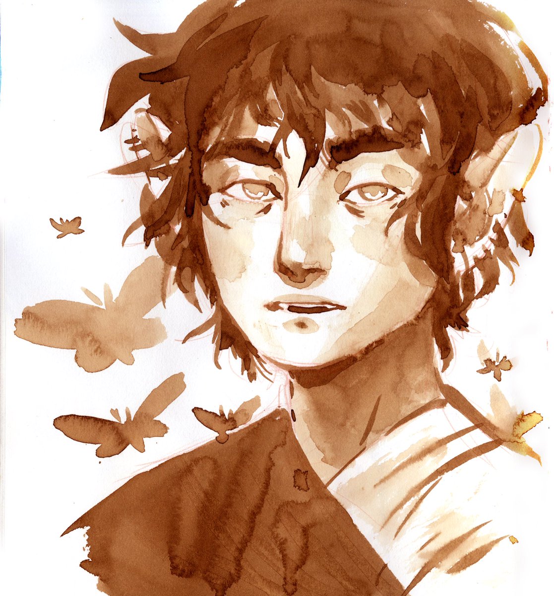 rowan_sugar's tweet photo. a messy 30 min painting i did last week that was intended to be our fairy character from @FaewoodGame but more realistic? mainly just messin around with my walnut ink though https://t.co/DCOqtaYtoj
