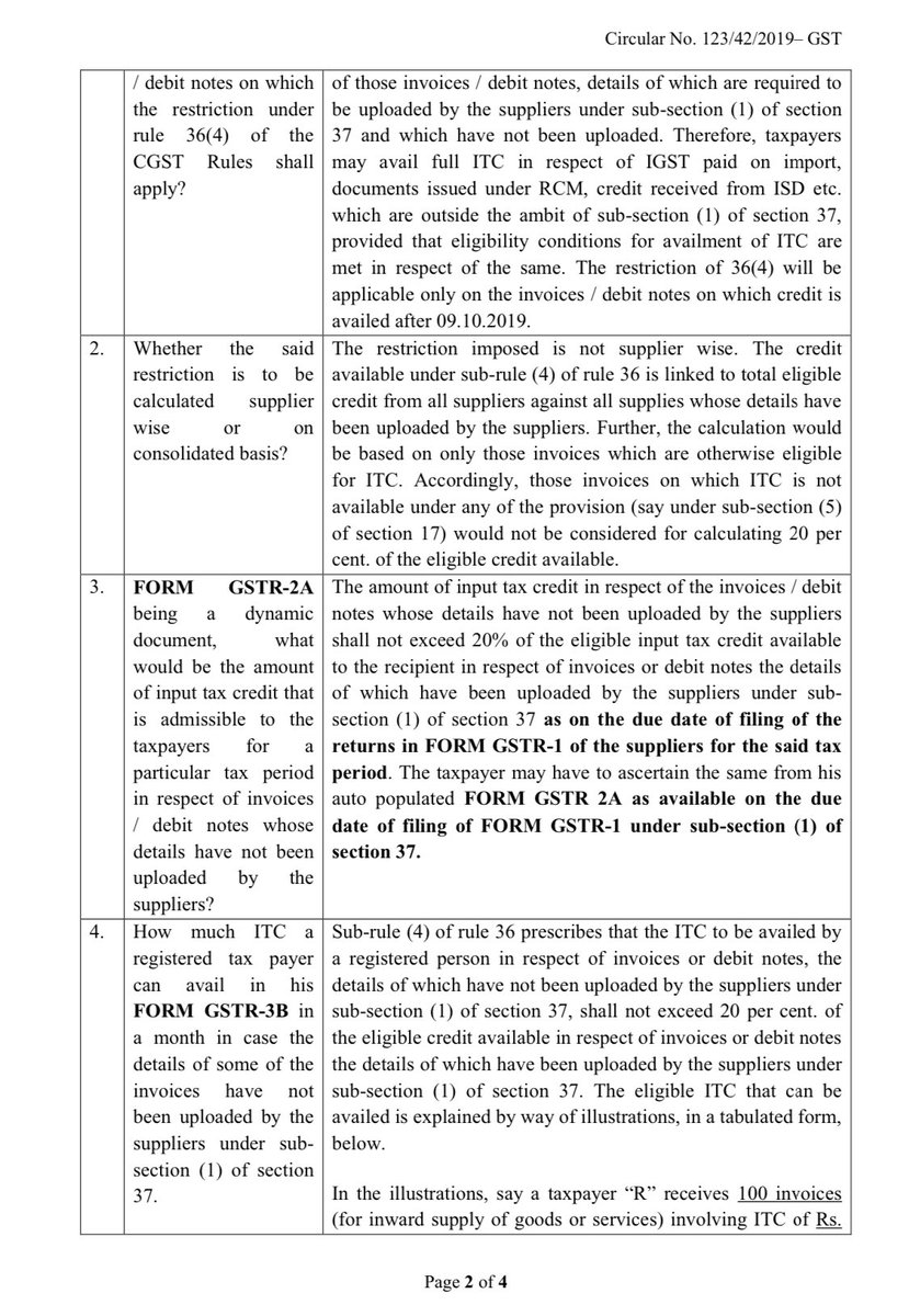 cbic_india's tweet photo. Circular No. 123/42/2019-GST dated November 11, 2019 clarifying restrictions on availment of Input Tax Credit (ITC) in terms of Rule 36(4) of CGST Rules, 2017 issued. https://t.co/CwvrRUjolw