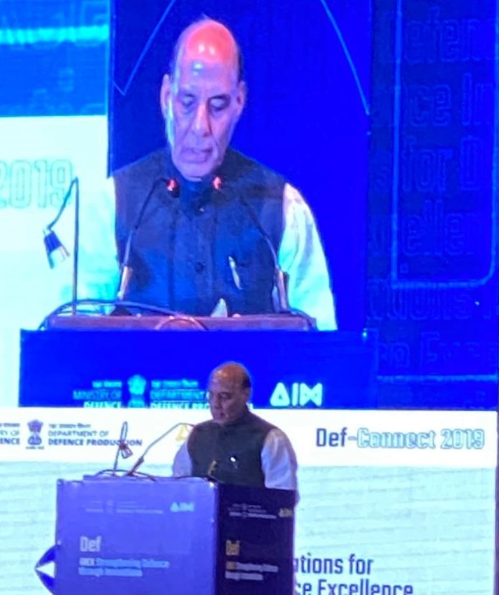 airnewsalerts's tweet photo. Defence Minister @rajnathsingh addresses #DefConnect2019 ( iDex- strengthening defence through innovations) at New Delhi; Says PM has set target of 5 trillion dollar economy by 2024 but with the talent we have in 10-15 yrs, we will make 10 trillion dollar economy. https://t.co/sT74i0GYOT