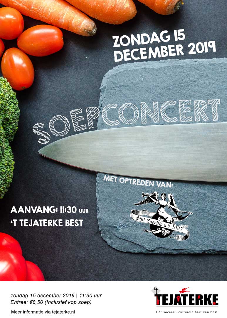 Zondag 15 december brengt de harmonie in de serie 'Soepconcerten' een mooi kerstconcert.  Locatie: 't Tejaterke, aanvang: 11.30 uur. De toegang bedraagt € 8,50, en dat is inclusief een kop goedgevulde heerlijke soep! Reserveren kan via ticketview.nl/shop/tejaterke…