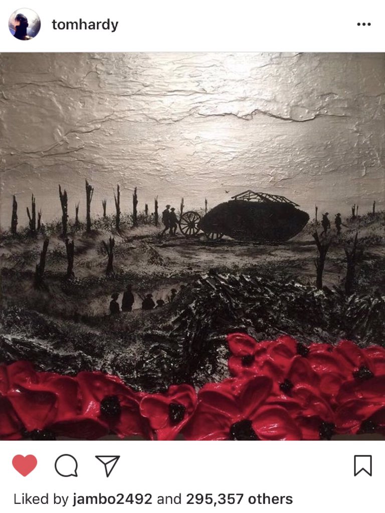 jhurleyart's tweet photo. Many thanks to all of you who share the paintings in my #WarPoppyCollection, including British Actor &amp; Producer #TomHardy CBE, helping to keep the importance of remembrance in the forefront of our minds. #LestWeForget #RemembranceDay #ArmisticeDay #WeWillRememberThem https://t.co/sjhv0g2e6Z