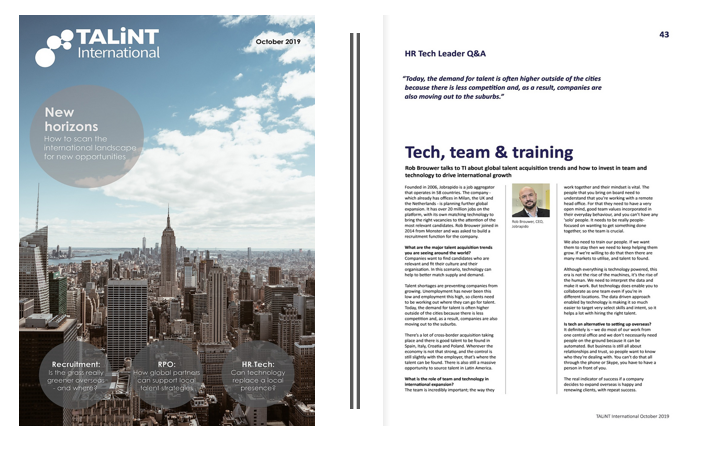 Our CEO <a href="/robbrouwer/">Rob Brouwer</a> talks to @RecruitmentIntl about global talent acquisition trends and how to invest in team and technology to drive international growth. Read the full article here: bit.ly/32GELIE #talentacquisition #technology #tech #team #training