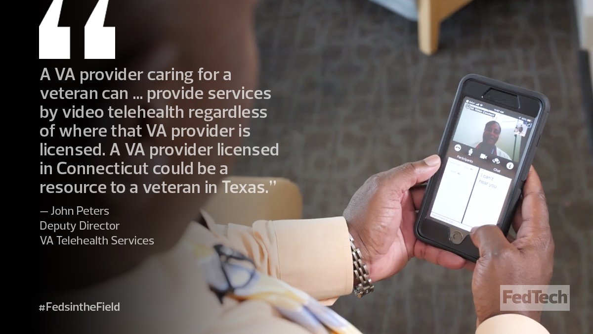 FedTechMagazine's tweet photo. State borders are no obstacle to receiving care through #VATelehealth; all a #veteran needs is a smartphone. #FedsintheField #VAConnectedCare @VeteransHealth @DeptVetAffairs #VeteransDay https://t.co/WWX20am2fH