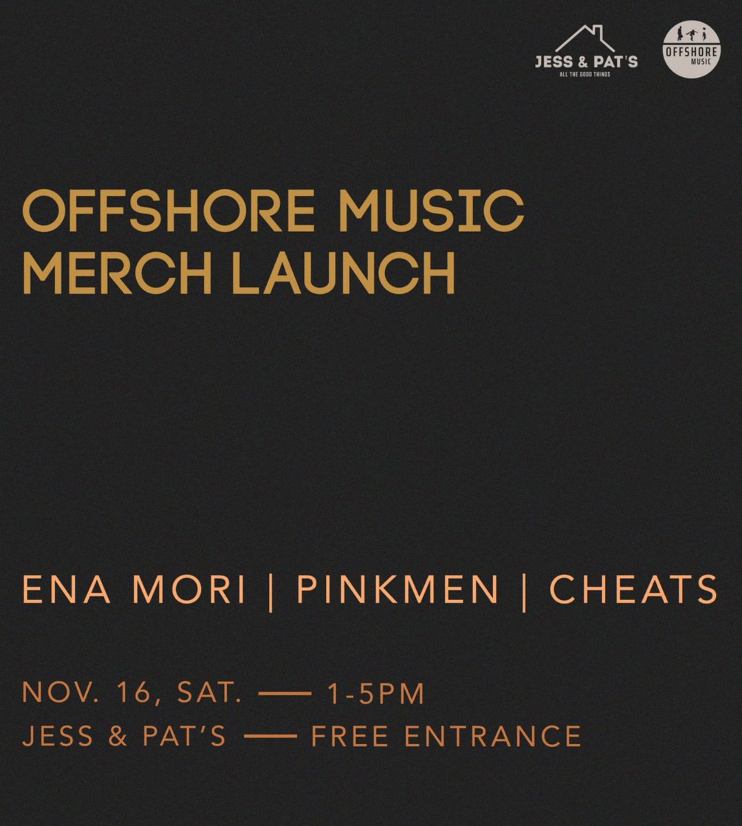 Free gig with <a href="/cheatsmusic/">Cheats</a> <a href="/enamorimusic/">ena mori</a> <a href="/pinkmenmusicph/">Pinkmen</a>! ❤️

<a href="/offshoremusicph/">Offshore Music</a> will be holding a merchandise launch feat products from Eraserheads, Cheats, <a href="/apartelph/">Apartel</a> &amp; <a href="/oneclkstraight/">ONE CLICK STRAIGHT</a>. No door charge, open to all ages. Event runs from 1-5pm! 🤗

#JessxPats
#WeAreIndiesTOGETHER