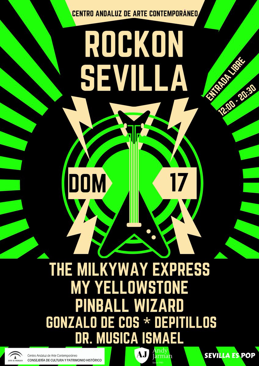 RockOn Sevilla - Festival de Rock de Sevilla - 16/17 NOV. 

De 12:00 a 20:30 hrs. - Entrada LIBRE.

Estos son los grupos que actúan el domingo 17.

The Milkyway Express
My Yellowstone
Pinball Wizard
Gonzalo de Cos
DEPITILLOS
Dr. Música Ismael