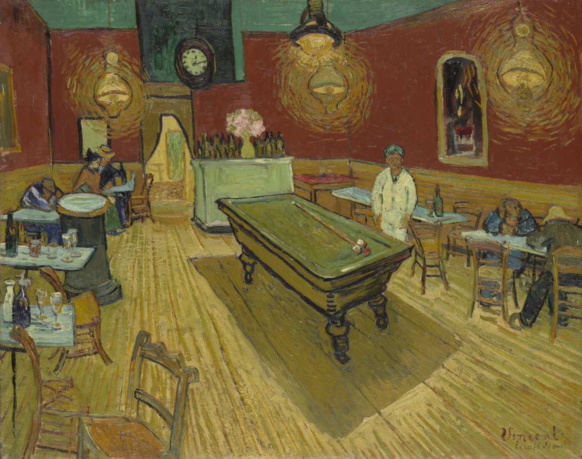 vangoghmuseum's tweet photo. 'I’ve tried to express the idea that the café is a place where you can ruin yourself, go mad, commit crimes’. Vincent wanted to show in his painting that the night café was a place where drunkards and other night owls sought refuge. The Night Café (1888) @YaleArtGallery https://t.co/M7A7JivJDY