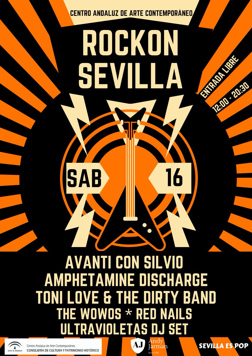 RockOn Sevilla - Festival de Rock de Sevilla - 16/17 NOV. 

De 12:00 a 20:30 hrs. - Entrada LIBRE <a href="/caac_sevilla/">CAAC - Centro Andaluz de Arte Contemporáneo</a>

Estos son los grupos que actúan el sábado 16.

Avanti. con Silvio
Amphetamine Discharge
Toni Love &amp; the Dirty Band
The Wowos
RED NAILS
Ultravioletas Dj Set