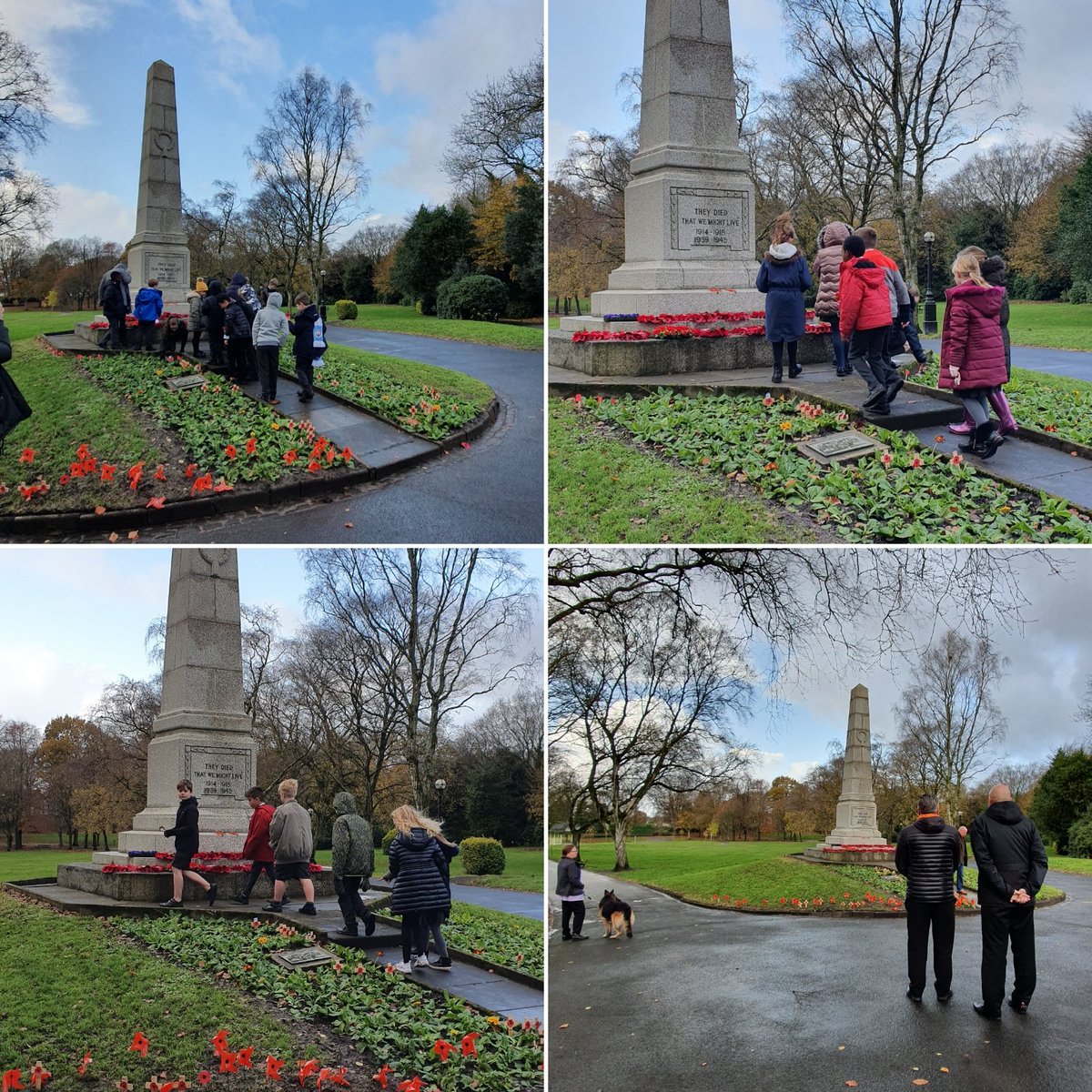 MissOsborn5's tweet photo. This morning year 4 walked to the Cenotaph to show our respects to those who have fought for our country. We then left poppies we had made with our own messages on them. Well done Year 4. @mesne_lea @MrsFaulkner_ML @MrsPrill https://t.co/muu4Wa8NC0