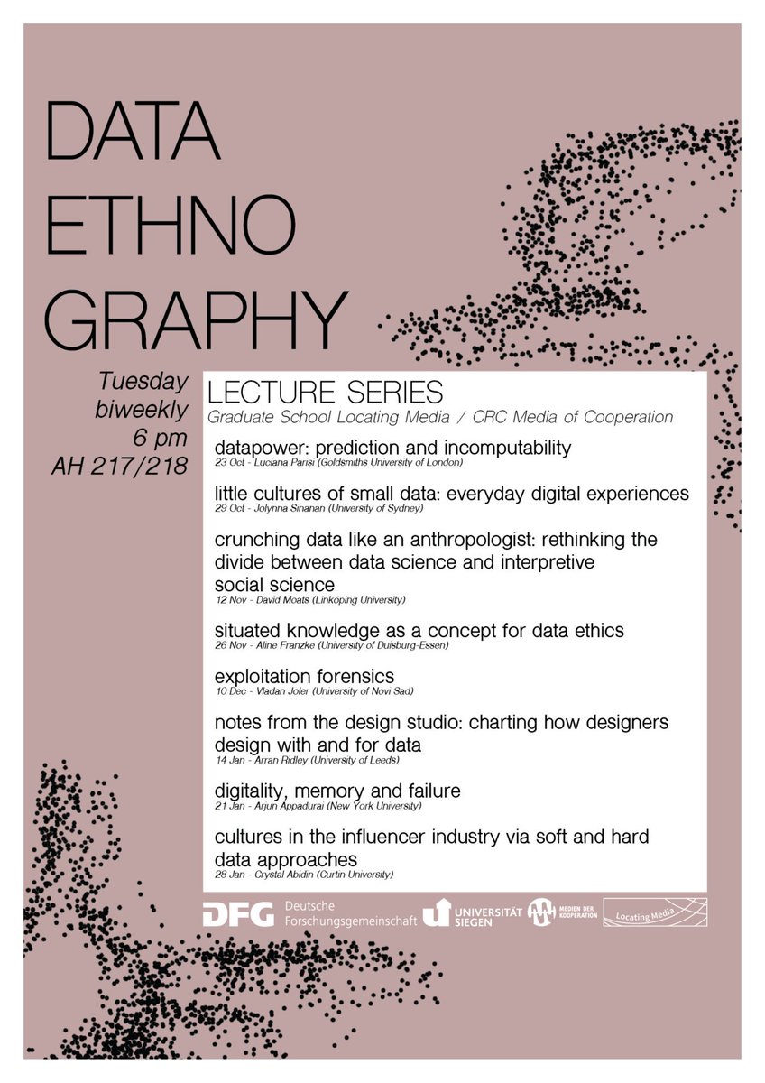 This week the Data Ethnography series (bit.ly/32GDqRz) continues with a  guest lecture on "Crunching Data Like an Anthropologist" by <a href="/davidjmoats/">David J Moats</a>, who is also leading our Research Tech Lab workshop on sonification and data ethics (bit.ly/34TjE6S).
