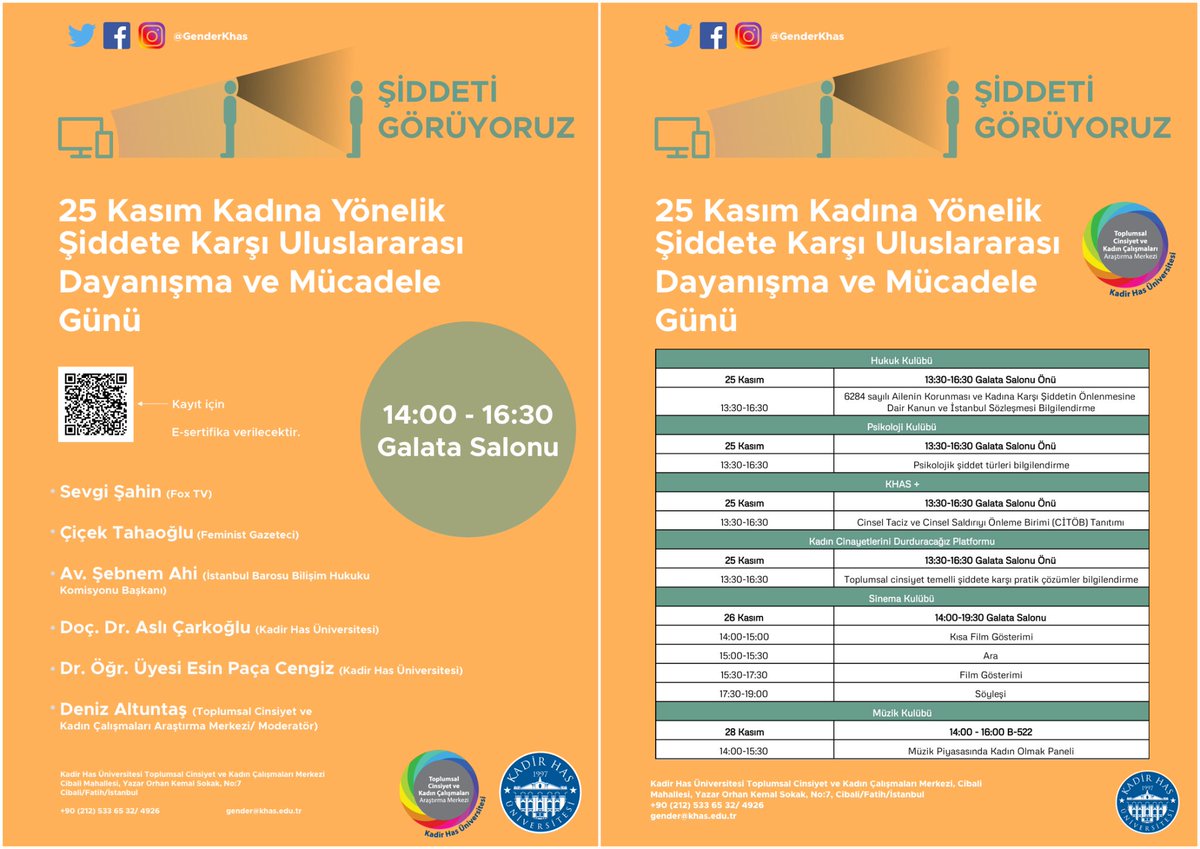 #25Kasım Kadına Yönelik Şiddete Karşı Uluslararası Mücadele ve Dayanışma Günü nedeniyle 25 Kasım’da <a href="/khasedutr/">Kadir Has Üniversitesi</a> Galata Salonu’nda Toplumsal Cinsiyet ve Kadın Çalışmaları Araştırma Merkezi olarak “Medya” ana temasıyla #ŞiddetiGörüyoruz paneli gerçekleşecek