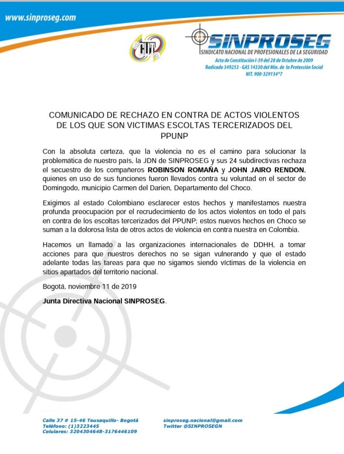 Vemos con preocupación que somos objetivo de los grupos al margen de la ley, <a href="/UNPColombia/">Unidad Nacional de Protección, UNP.</a> <a href="/IvanDuque/">Iván Duque 🇨🇴</a> <a href="/MintrabajoCol/">MinTrabajo</a> <a href="/mindefensa/">Mindefensa</a> <a href="/COL_EJERCITO/">Ejército Nacional de Colombia</a> esperamos su pronunciamiento, nos están metiendo en medio del conflicto