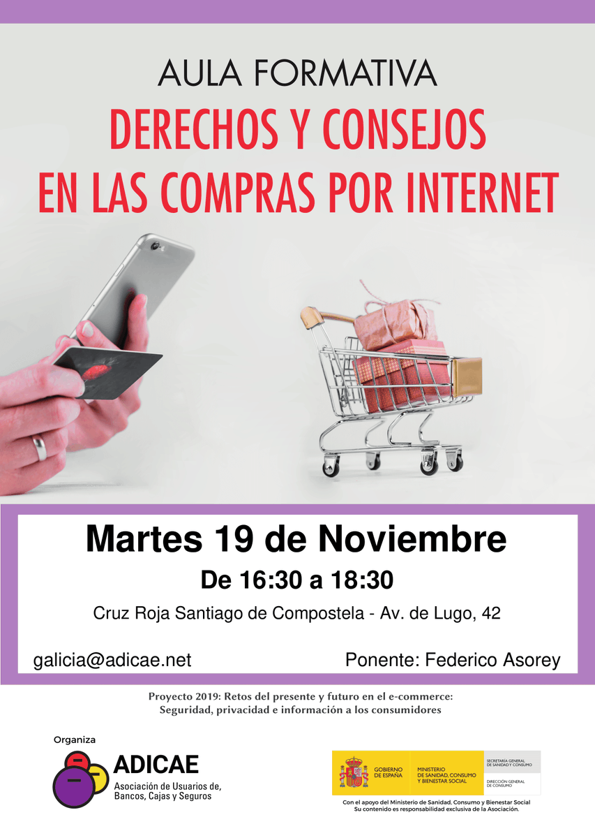 FedericoAsorey's tweet photo. El martes 19 estaré en la Sede de la Cruz Roja en Santiago de Compostela con un taller sobre los #derechos y #consejos  en el #ecommerce  impulsado por @ADICAE estáis todos invitados. https://t.co/z9u8fOmXR5