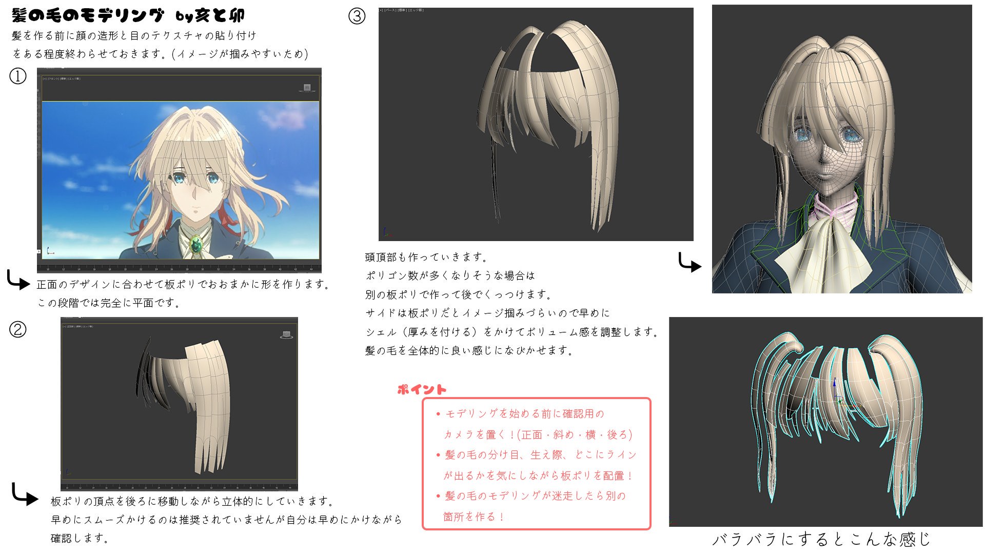 亥と卯 髪の毛のモデリング たぶん皆と作り方変わらないと思いますがめっちゃ聞かれるので制作中のヴァイオレットで雑にまとめました 自分は板ポリでパズルみたいな感覚でモデリングしてます