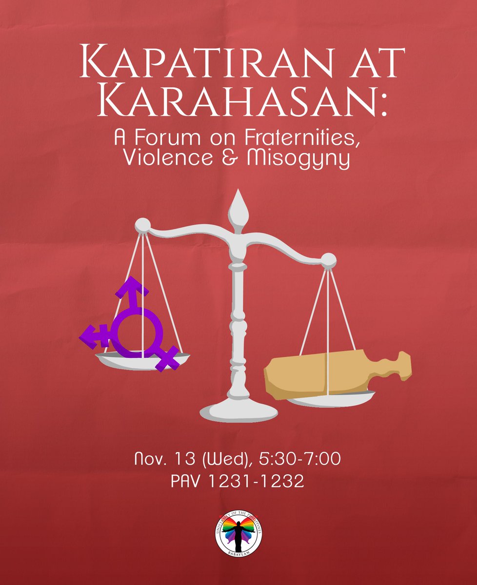 upbabaylan's tweet photo. It's been a year after the Upsilon Sigma Phi &amp; Alpha Phi Beta brawl that outraged the UP community, but the fraternity culture of violence &amp; sexism continues to threaten our safety.

Join us this Wed, 5:30PM in Kapatiran at Karahasan: A Forum on Frats, Violence and Misogyny. https://t.co/Otauen6nKu