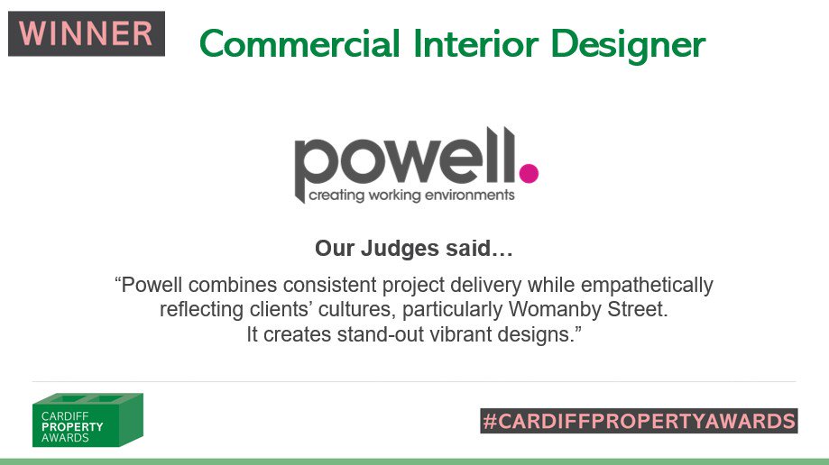 CardiffPropAwds's tweet photo. Congratulations once again to @powell_interior as the winner of the 2019 Commercial Interior Designer Award. #CardiffPropertyAwards https://t.co/JB6Cf446EX