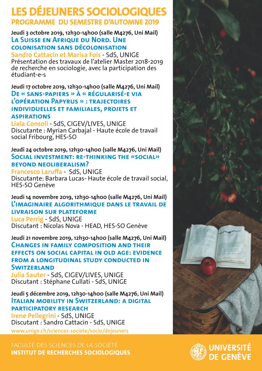 SOCIO UNIGE (@irs_sds) on Twitter photo 14.11.19 #dejsocio <a href="/UNIGEnews/">Université de Genève</a>
L’IMAGINAIRE ALGORITHMIQUE DANS LE TRAVAIL DE LIVRAISON SUR PLATEFORME
Par @LucaPerrig
Discutant: <a href="/nicolasnova/">nicolasnova</a>
Attention: changement de salle, c'est en salle M4020 à Uni Mail !
unige.ch/sciences-socie… 14.11.19 #dejsocio <a href="/UNIGEnews/">Université de Genève</a>
L’IMAGINAIRE ALGORITHMIQUE DANS LE TRAVAIL DE LIVRAISON SUR PLATEFORME
Par @LucaPerrig
Discutant: <a href="/nicolasnova/">nicolasnova</a>
Attention: changement de salle, c'est en salle M4020 à Uni Mail !
unige.ch/sciences-socie…