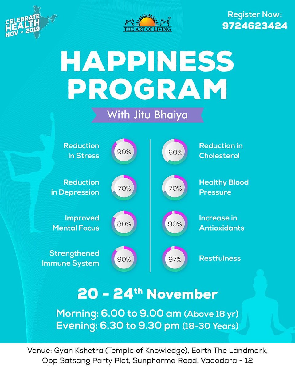 #Health is not a mere absence of #disease. It is a dynamic expression of #life - in terms of hw #joyful, #loving & #enthusiastic u r. So hw can u b healthy in 2day’s fast-paced world?
Join #ArtofLiving #HAPPINESSPROGRAM
20-24 #November in #Vadodara
CALL 9724623424
#HealthMonth