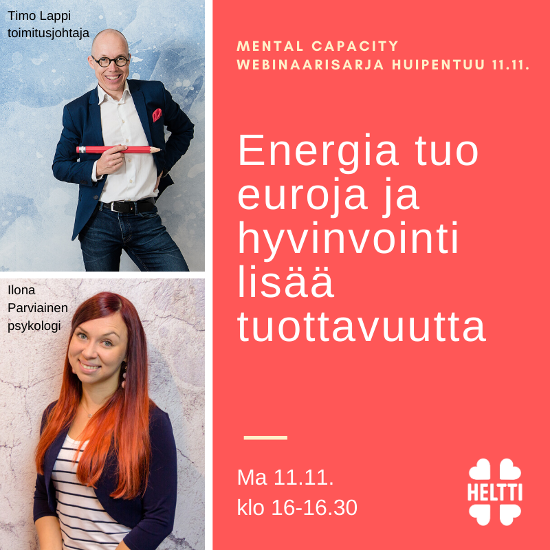 TÄNÄÄN KLO 16! 🧠💥 Katsojaennätykset rikkoneen webinaarisarjan viimeinen osa: Tuoko hyvinvointi yritykselle euroja? 💪💸 Rekisteröidy tästä: lyyti.fi/reg/Mental_Cap… 500 ilmoittautujaa, tule sinäkin linjoille! 

#mentalcapacity #hyvinvointi #tuottavuus #itseohjautuvuus #gptw