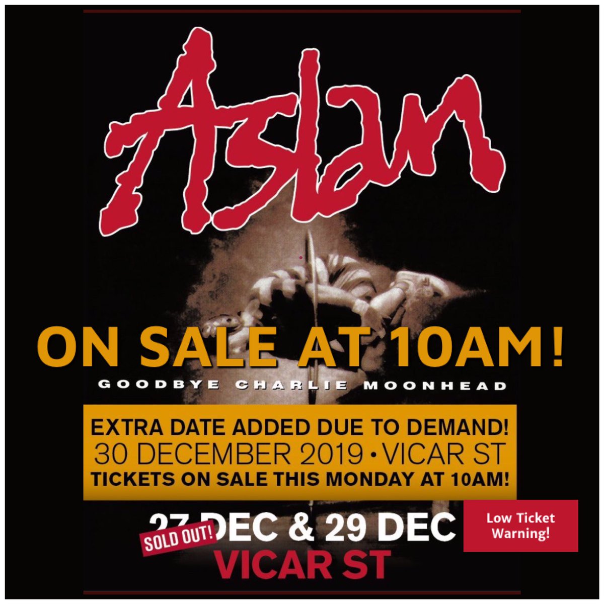 OfficialAslan's tweet image. Tickets for our 3rd and final gig in Vicar Street on December 30th go on sale at 10am today from Ticketmaster.This is the closing and FINAL gig of our GOODBYE CHARLIE MOONHEAD TOUR 2019. We want to thank you all for some brilliant gigs throughout the year and your amazing support