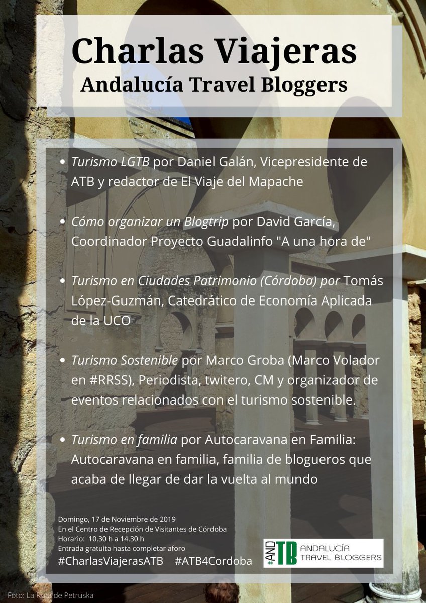 #bloggers de Andalucía y de toda España llegan a Córdoba este domingo para disfrutar del evento Charlas Viajeras, en el Centro de Recepción de Visitantes, de 10:30 a 14:30. ¡NO TE LO PIERDAS! Entrada gratuita #CharlasViajerasATB #ATB4Cordoba #UCO #FCTuco #turismouco