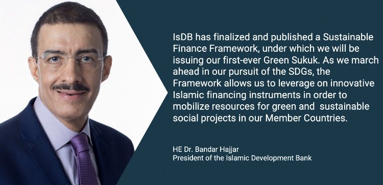 1/2 Dr. Bandar Hajjar announces that the @IsDB is to issue its first #Green #Sukuk, another important milestone towards #SDGs. It has obtained Medium-Green Shading by <a href="/CICERO_klima/">CICERO - Center for International Climate Research</a> and secured an #ESG risk score of 11.5 out of 100 (low risk) by <a href="/Sustainalytics/">Sustainalytics</a> #SukukSummit2019
