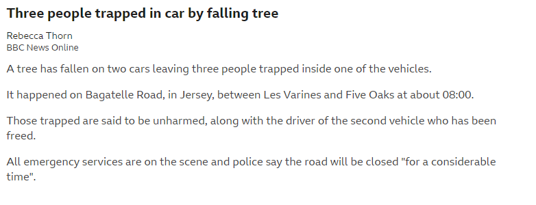 Three people trapped in car by falling tree. More Jersey news: bbc.in/2NYjh3P