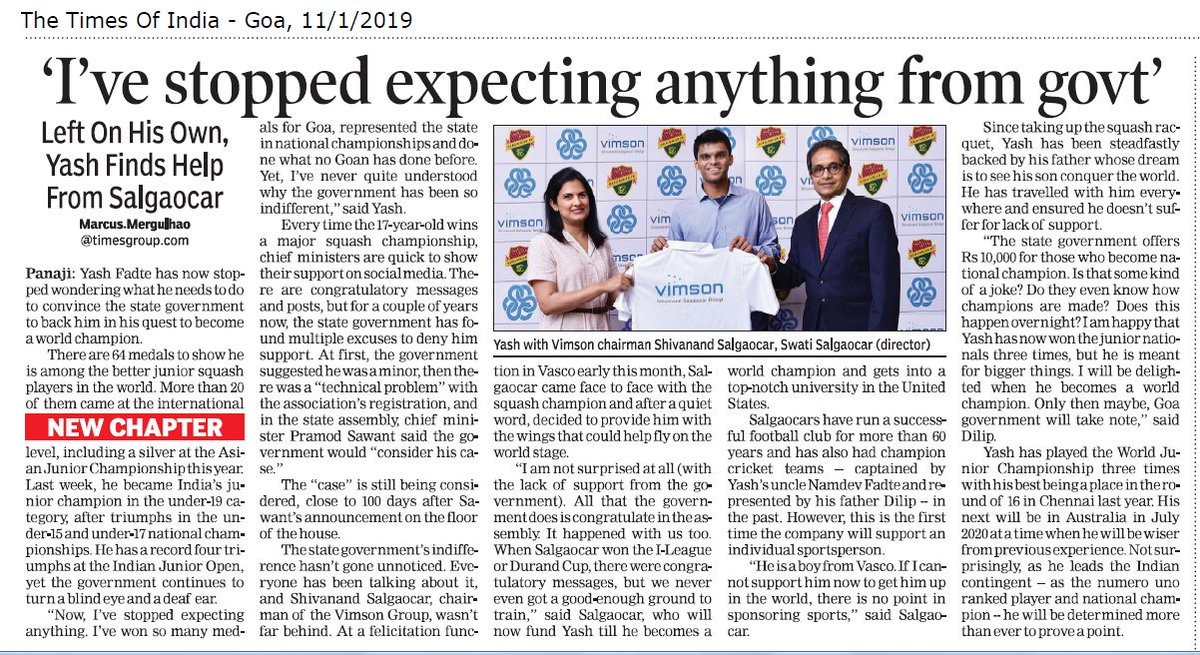 News coverage (The Times Of India) - India's top junior squash player Yash gets support from Vimson.