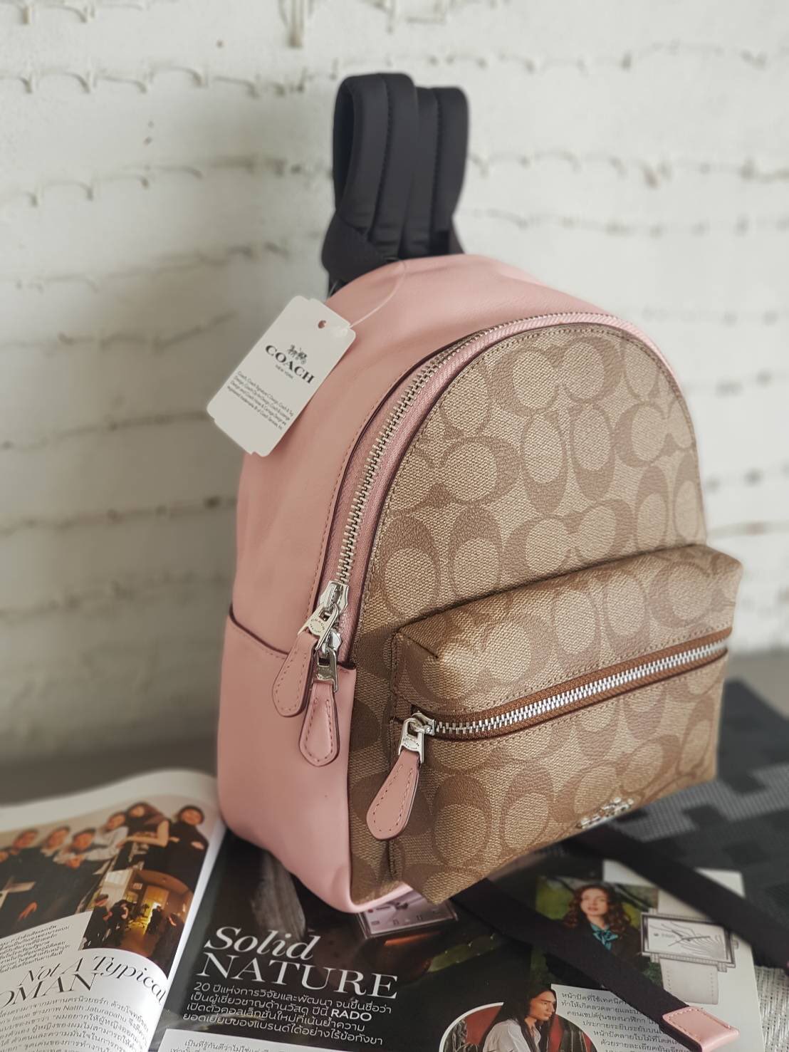SN Pre order on X COACH F58315 MINI CHARLIE BACKPACK IN SIGNATURE COATED CANVAS COLOR SILVER KHAKI BLUSH 2 coach size 7 1 2 L x 9 1 4 H x 3 3 4 W sale